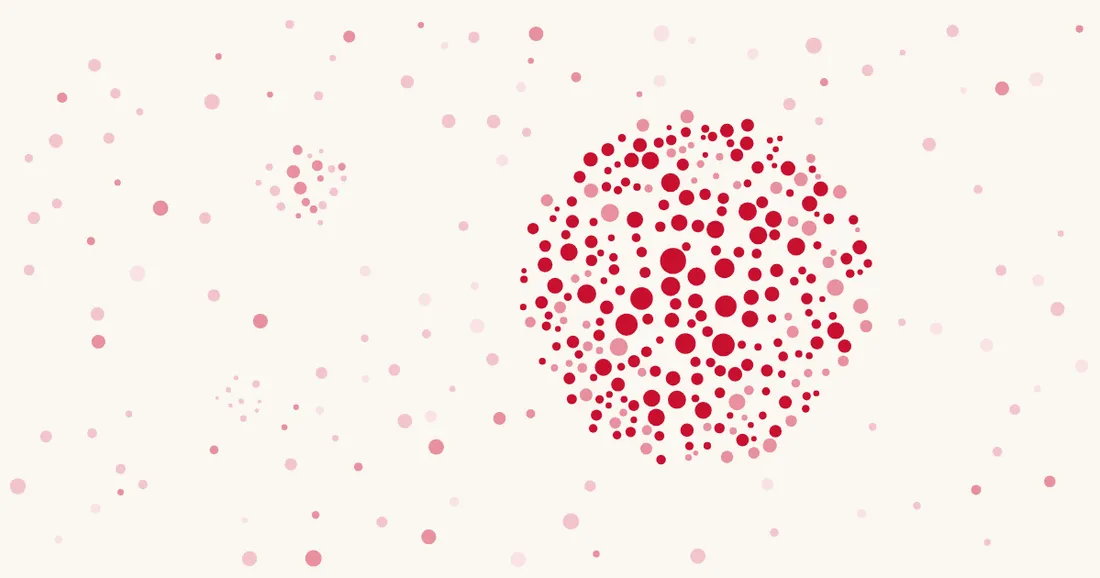 Pale rose dots on cream gathering into one dense red cluster