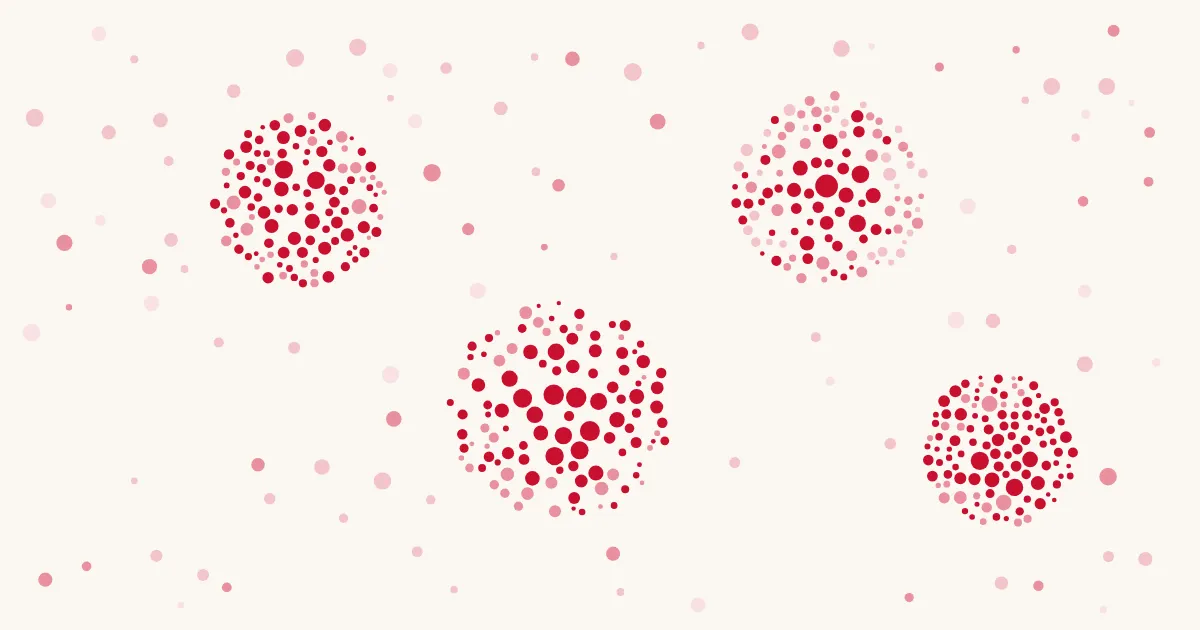 Pale rose dots on cream with several red clusters, each a different size