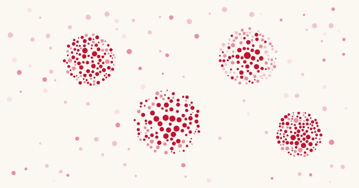 Pale rose dots on cream with several red clusters, each a different size